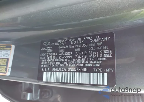 2022 Hyundai Tucson Hybrid Limited z USA, uszkodzony, nr VIN KM8JECA18NU072588